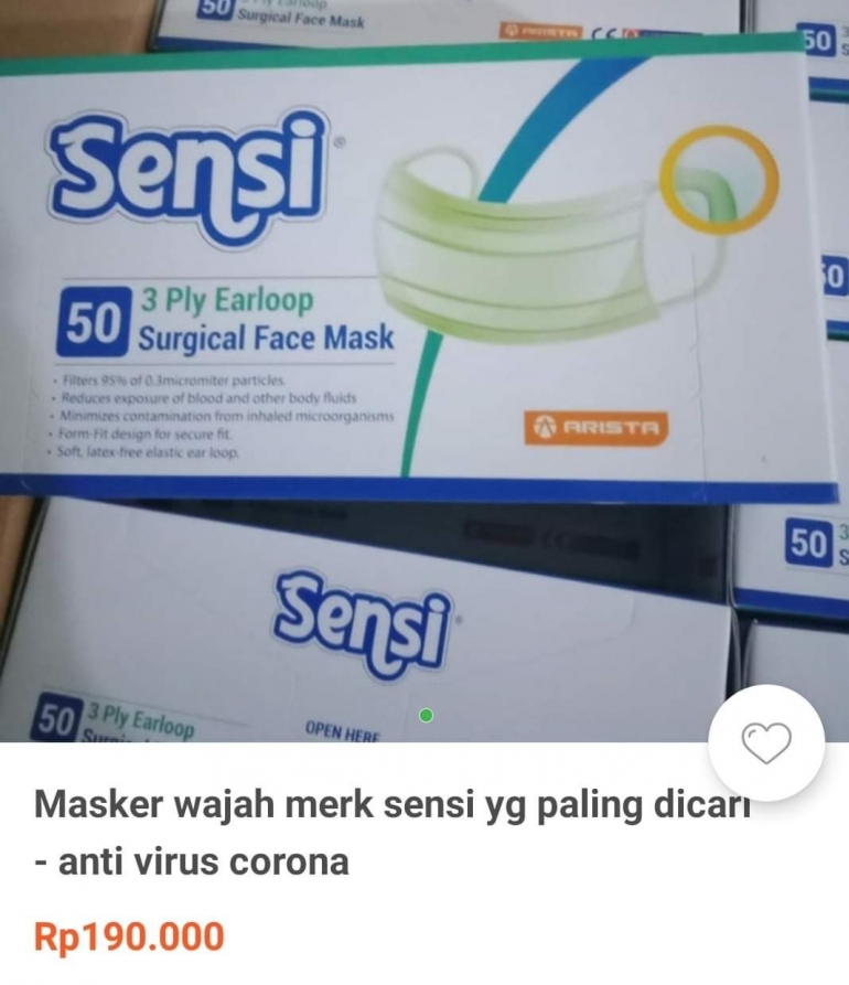 tangkapan layar toko online yang menjual masker beda merek Sensi (dokumentasi Hasmi melalui grup WhatsApp)
