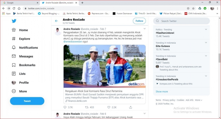 Screenshoot cuitan Andre Rosiade di Twitter