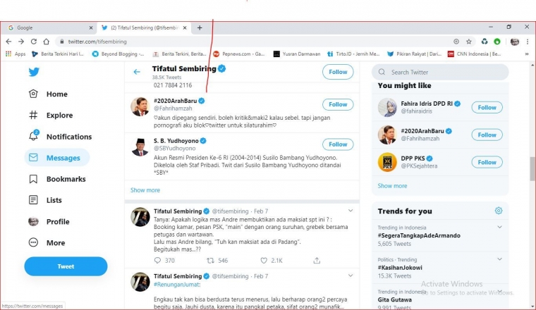 Screenshoot cuitan Tifatul Sembiring di Twitter