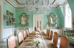 Ruang makan didominasi dinding hijau pastel & kursi peach Sumber : debiutilulistory.wordpress.com