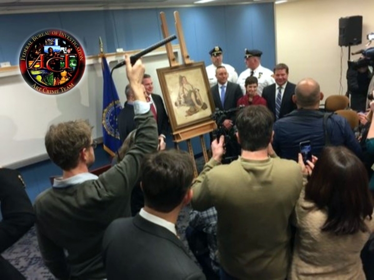 Momen saat Art Crime Team FBI mengembalikan sebuah lukisan Rockwell yang hilang selama 40 tahun pada pemiliknya (doc.Atelier, fbi.gov/ed.Wahyuni)