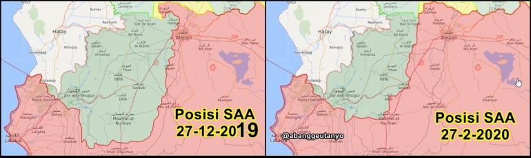 Posisi penguasaan wilayah pada 27 Des 2019 dan 27 Peb 2020. Keterangan Gambar : kawasn hijau : dikuasai pasukan Pemberontak dukungan Turki. Kawan merah dikuasai pasukan SAA dukungan Surisa dan Iran. Sumber : liveuamap.com