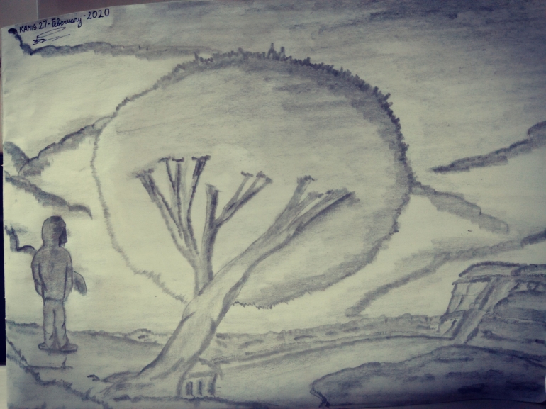 Lonely man by riverside (sketsa oleh Peniel Tarigan)