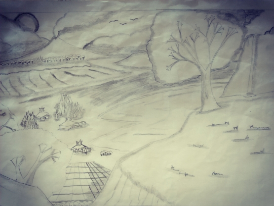 The Valley of Karo Highland, Sinabung Mountain background (sketsa oleh Peniel Tarigan)