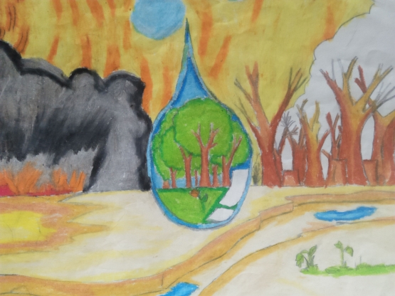 A drop of water among of forest fires, symbol of hope in Global warming issue, a child perspective (lukisan oleh Peniel Tarigan)