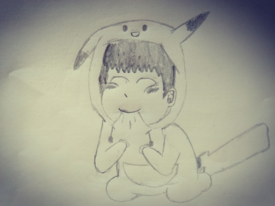 Shy Girl with hat-wearing Pokemon (sketsa oleh Peniel Tarigan)