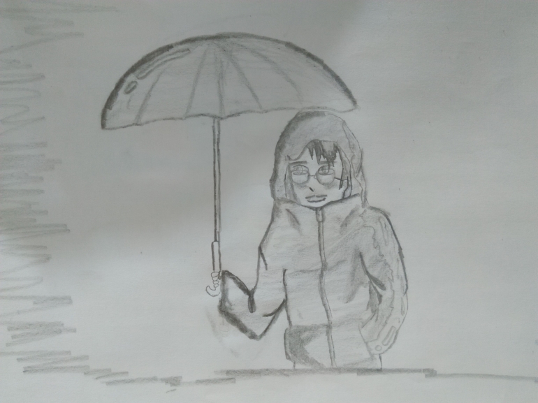 Oppa and Umbrella (sketsa oleh Peniel Tarigan)