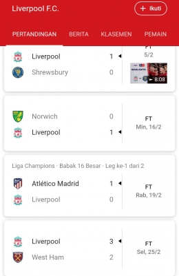 Hasil 4 laga terakhir Liverpool sebelum melawat ke markas Watford. | Google.com/PremierLeague