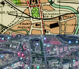 Tampak peta 1920 (atas) taman kota yang berwarna hijau. Sekarang jadi gedung BI | foto Dok Pri