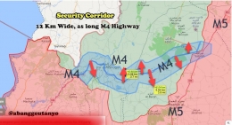 Ilustrasi "security Corridor" kurang lebih 12 km di kiri dan kanan M-4 Highway. Olahan Penulis dari Liveuamap.com