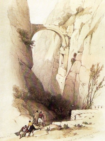 Pintu masuk celah diantara dua bukit atau Siq, Petra. (Sumber: Sketsa David Roberts dalam bukunya Petra E La Terra Santa)