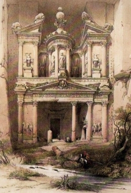 The Treasury atau Al-Khazna, Petra. (Sumber: Sketsa David Roberts dalam bukunya Petra E La Terra Santa)