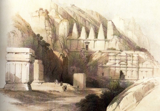 Makam Obelisk di Petra. (Sumber: Sketsa David Roberts dalam bukunya Petra E La Terra Santa)