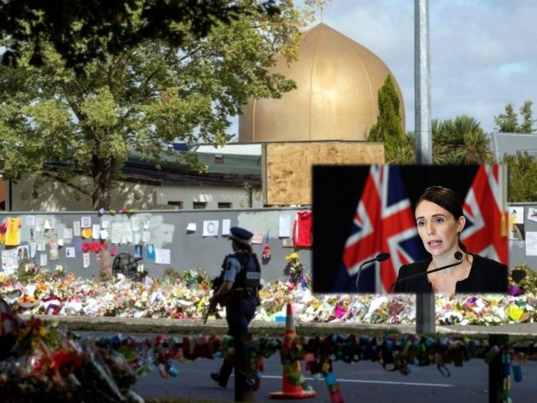 PM Jacinda Ardern dengan latar Masjid Al-Noor yang dipenuhi tanda belasungkawa warga Selandia Baru paska tragedi 15 Maret 2019 (doc.NPR, Otago Daily Times/ed.Wahyuni)