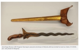 Deskripsi : Keris Dipenogoro 'Kiai Nogo Siluman' yang dikembalikan Pemerintah Belanda I Sumber Foto : Sri Margana