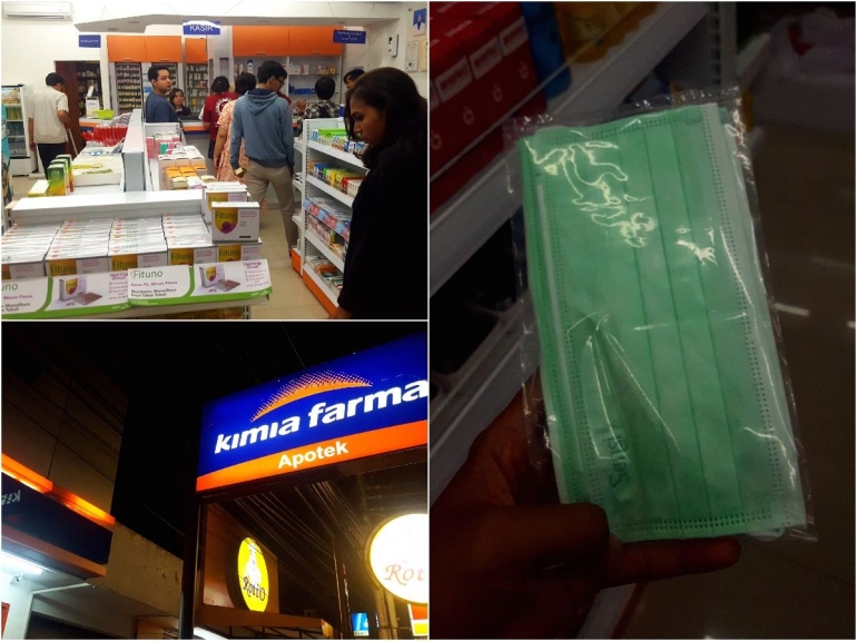 Apotek Kimia Farma Jalan Kaliurang, Sleman, DIY pada Minggu (15 Maret 2020) malam dan masker yang saya beli (dok. pri).