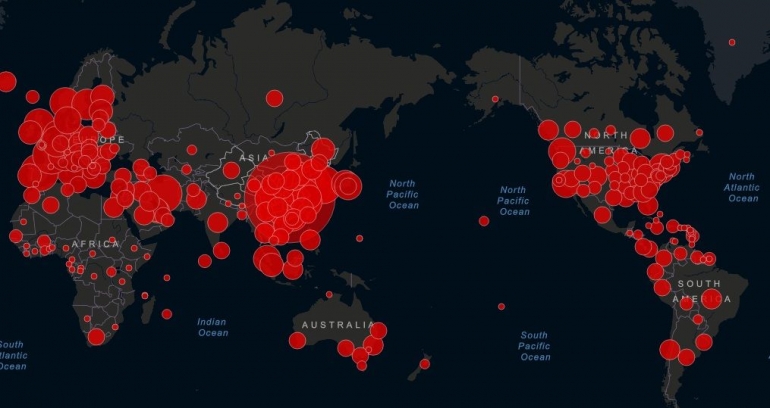 Peta penyebaran virus corona di dunia (sumber: Johns Hopkins CSSE)