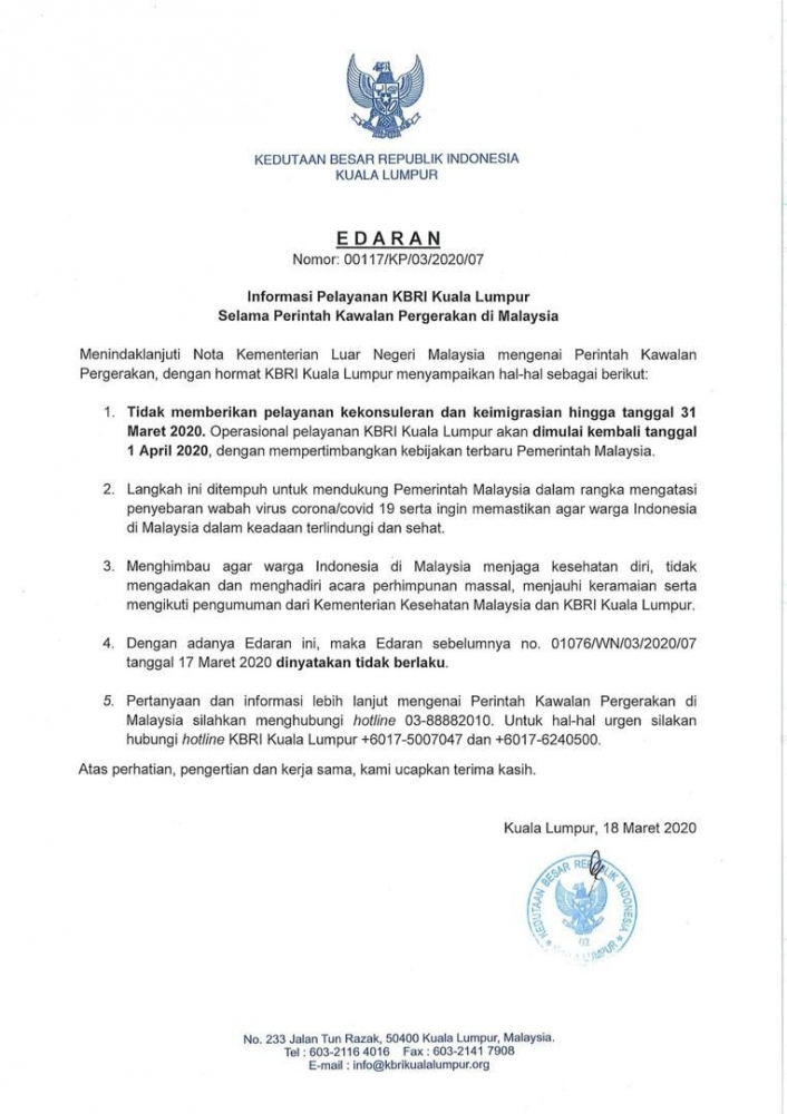 Update Lockdown Di Malaysia Kbri Kuala Lumpur Tutup Hingga 31