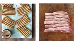 Penamaan Spekkoek karena lapisannya yang mirip lapisan bacon|Sumber: OkokoRecepten (Spekkoek), Blackwells Farm (Bacon)