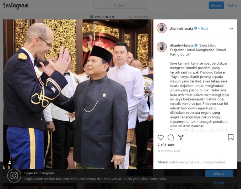 Postingan ajudan Prabowo di instagram (instagram.com/ @dhaniwirianata).