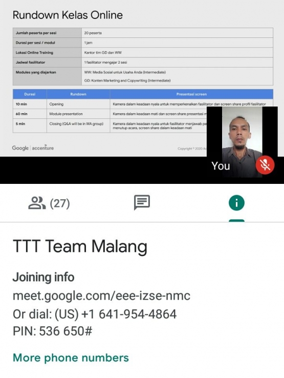 Pelatihan terbuka dengan pelatihan online berbeda, baik suasana maupun mekanismenya (screenshot dokumentasi pri)