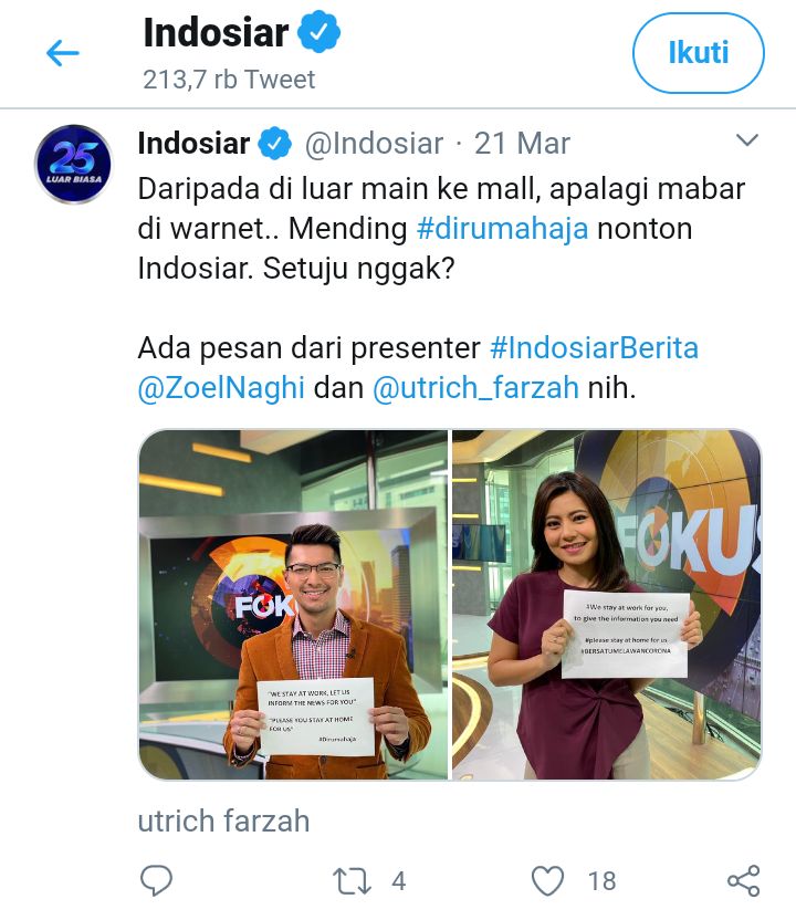 Para presenter news juga masih bekerja di studio, tidak WFH. | Twitter.com/Indosiar