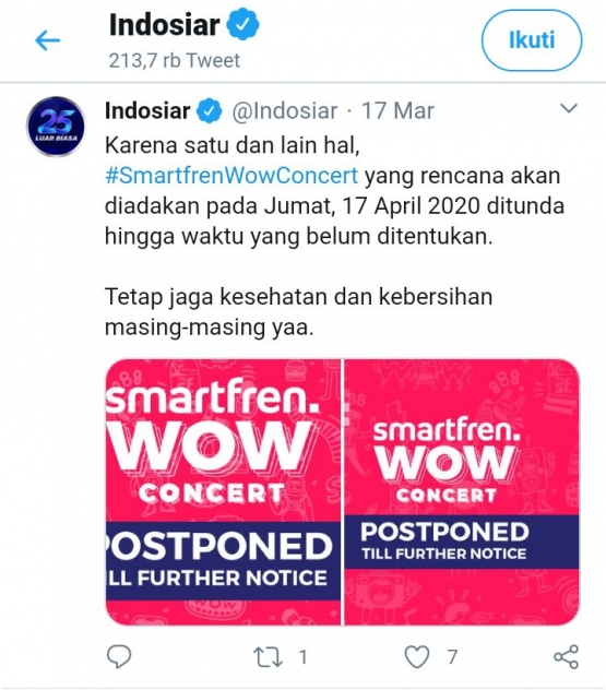 Sebuah konser dari sebuah provider gadget rela dibatalkan demi kesehatan dan keselamatan publik. | Twitter.com/Indosiar