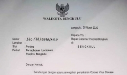 Surat Wali Kota Bengkulu Helmi Hasan terkait lockdown yang ditujukan kepada Gubernur Bengkulu Rohidin Mersyah, Poto:Dok