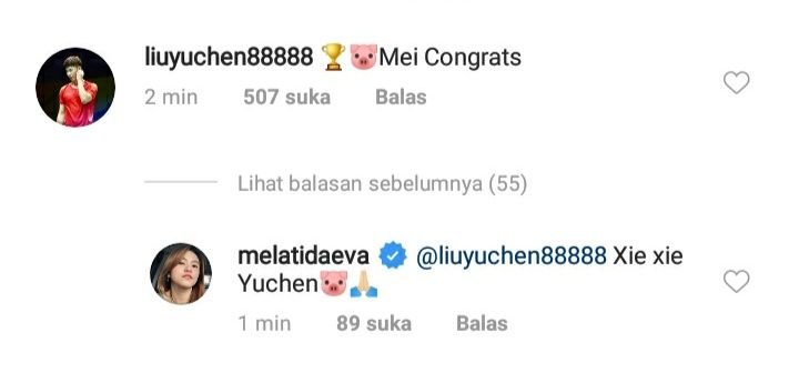 Komentar Liu Yuchen pada Unggahan Melati (Foto : Instagram @melatidaeva)