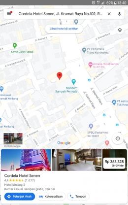Lokasi Cordela Hotel Senen bisa dicari di Google Maps/ sumber: dokumentasi Adica