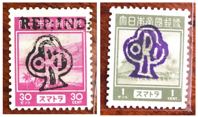 Prangko zaman penjajahan Jepang dengan cetak tindih tulisan "REP. IND" dan ORI. (Foto: dari Suwito Harsono)