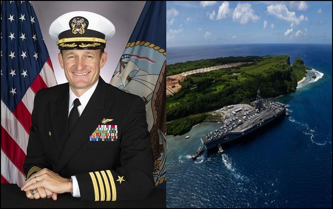 Captain Brett E. Crozier and The aircraft carrier USS Theodore Roosevelt (CVN 71) departs Naval Base Guam (2017). Sumber : public.navy.mil (kiri) dan Military.com (kanan).DIgabung oleh Penulis