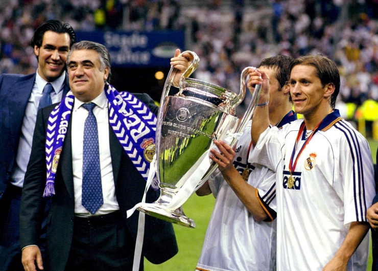Lorenzo Sanz, left, the former president of Real Madrid, holding the European Champions League trophy with his son-in-law, the soccer player Míchel Salgado, in 2000. Mr. Sanz headed the club for five years. Credit: John Sibley/Action Images via nytimes.com