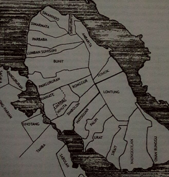 Peta 1. Sebaran bius-bius di Pulau Samosir abad ke-19 (Repro dari buku Sitor Situmorang, 2004)