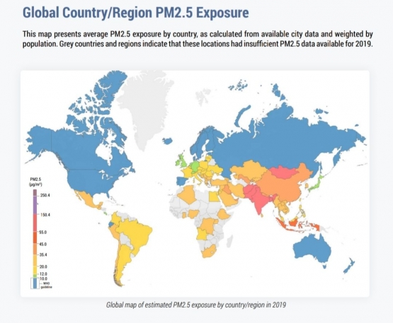 Persebaran data polusi udara negara-negara di dunia berdasarkan data PM2.5 AirVisual Quality