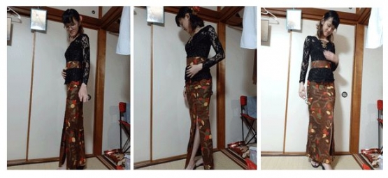 Michelle, langsung mencoba kebaya hitamnya dengan kain Batik serta ikat pinggangnya, khas Bali. Balutan Batiknya membuat dia sungguh cantik dan anggun, putrid Indonesia yang menaklukan Jepang. Untuk rambutnya, aku bawakan bunga untuk sanggul.| Dokumentasi pribadi