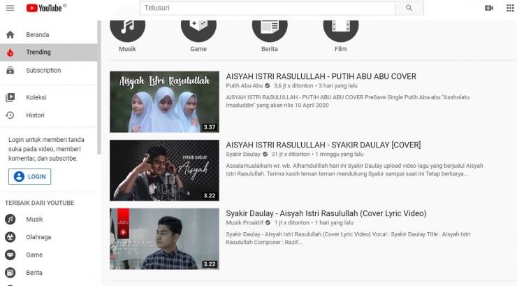 Tangkapan layar trending Youtube yang dipenuhi cover lagu Aisyah Istri Rasulullah, sumber: dokpri