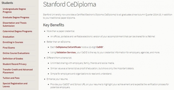 Laman tampilan CeDiploma | registar.standford.edu