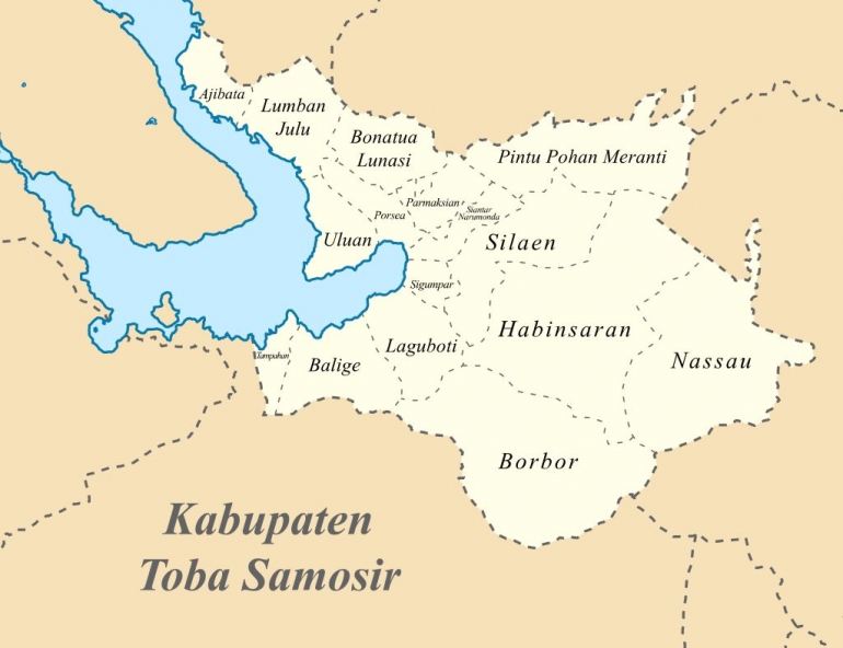 Peta 2. Persebaran wilayan kecamatan di Kabupaten Toba Samosir, sekarang Kabupaten Toba (Sumber: wikipedia.com) 