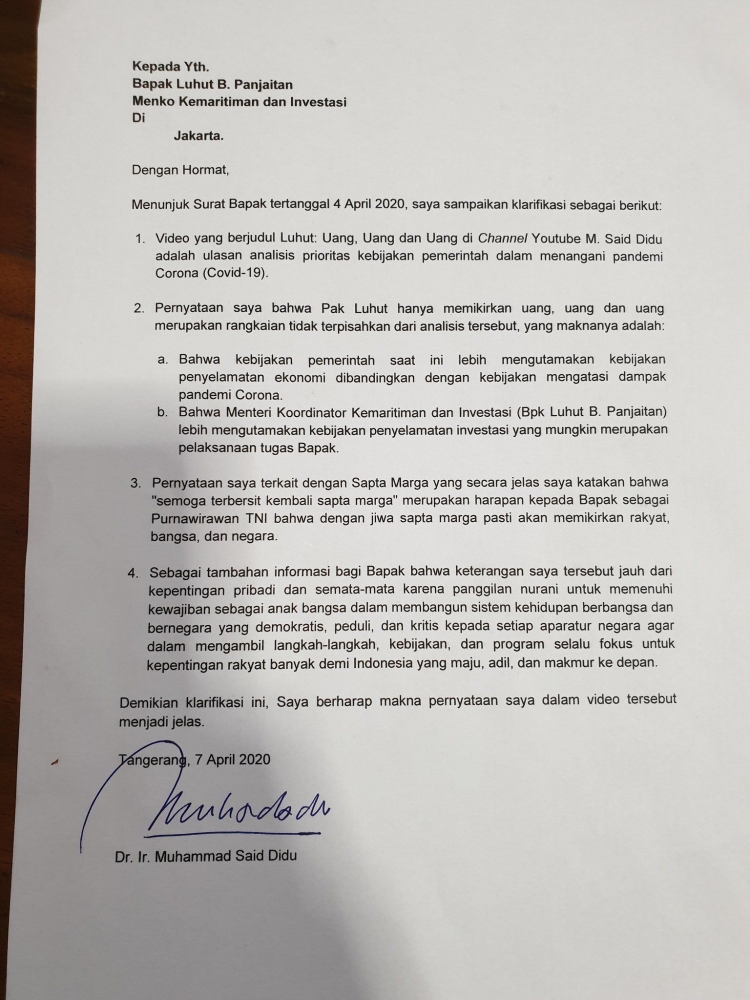 Surat klarifikasi Said Didu untuk LBP yang dianggap tidak menjelaskan tuduhan terkait anggaran IKN (twitter.com/ @msaid_didu). 