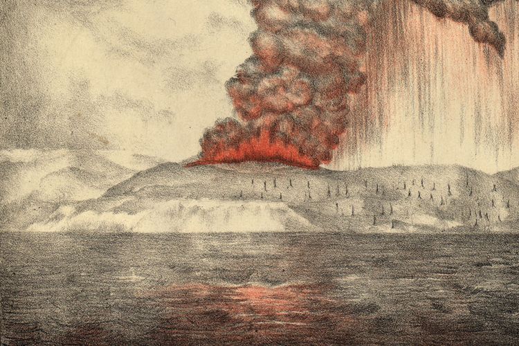 Colour lithograph of the eruption of Krakatoa (Krakatau) volcano, Indonesia, 1883; from the Royal Society, The Eruption of Krakatoa and Subsequent Phenomena (1888).(Royal Society)