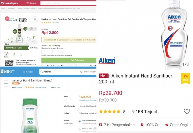 Hand sanitizer dengan harga normal dan wajar mulai tersedia dan mudah didapatkan kembali melalui penjualan daring (dok. pri).