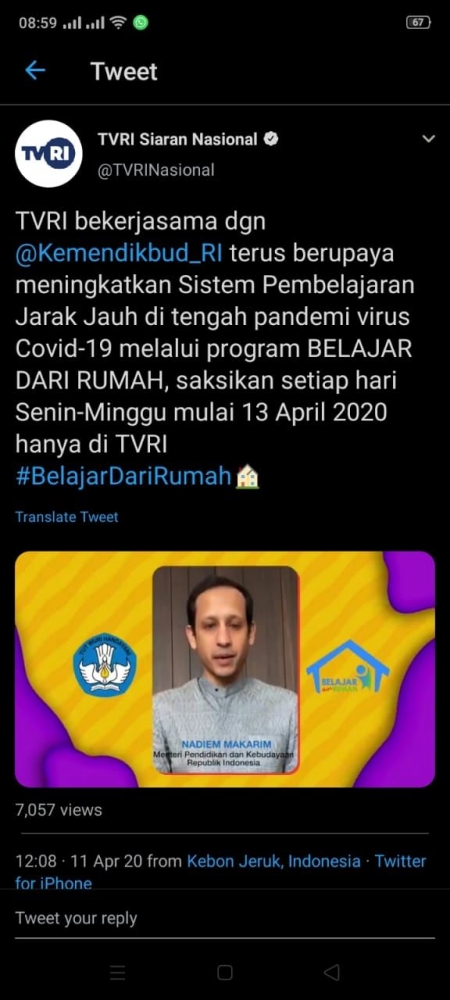 Program pendidikan kerjasama antara Kemendikbud dan TVRI / twitter.com