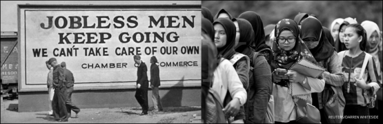 Ilustrasi pencari pekerjaan. Gambar kiri : bostonreview.net. Masa Great Depression di AS (1930) dan Gambar kanan pencari kerja di Indonesia. Sumber: insight.kontan.co.id. Digabung oleh Penulis