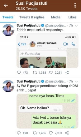 Tangkap layar linimasa twitter bu Susi Pudjiastuti. Gambar dokpri