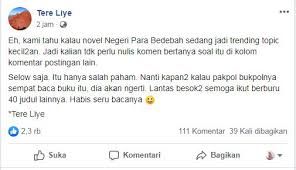 Versi tangkapan layar (screenshot) komentar Tere Liye atas penyitaan novelnya dalam kasus vandalisme Anarko Sindikalis/Sumber: Facebook Tere Liye