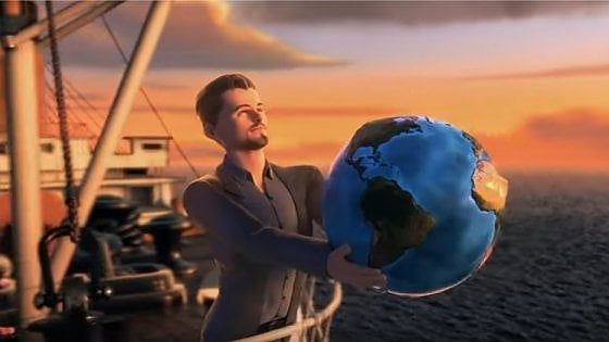 Leonardo di Caprio pemeran film Titanic memegang globe, bola bumi dalam video animasi 