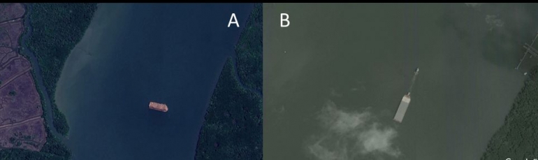 Aktifitas kapal pengangkut hasil batubara dan kayu di Sungai Seluang. Sumber: Google Earth Image (a) 2019, (b) 2014 