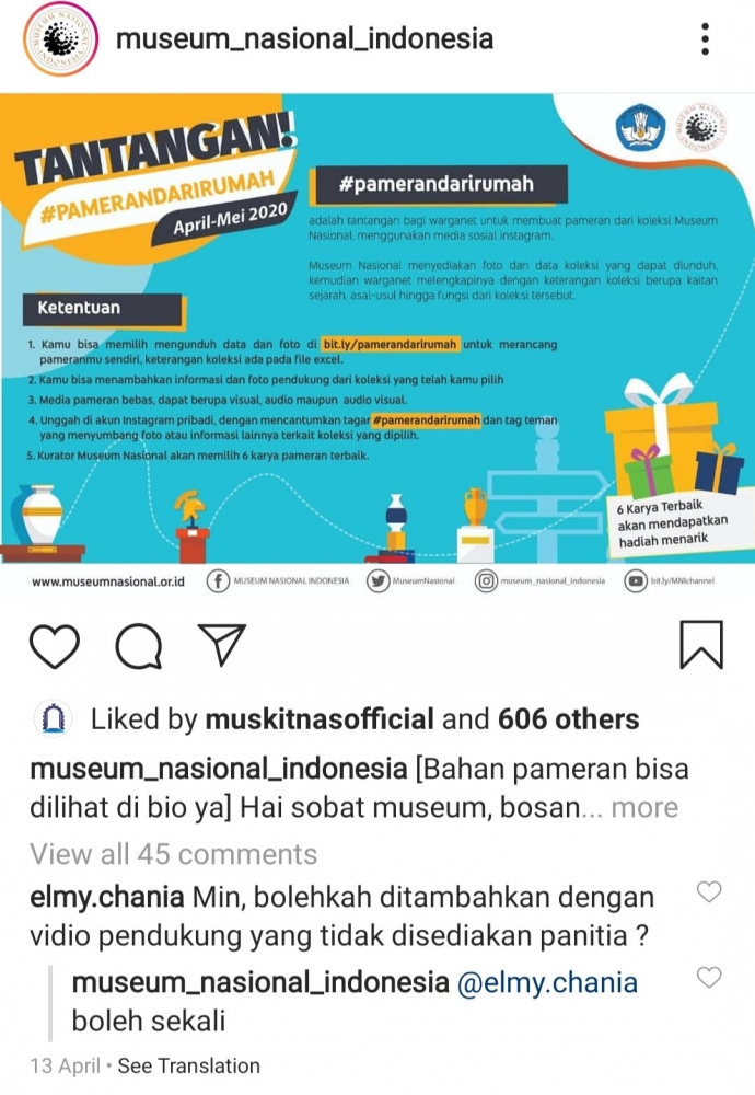 Tantangan Museum Nasional Indonesia untuk mengisi waktu PSBB (foto:IG @museum_nasional_indonesia)