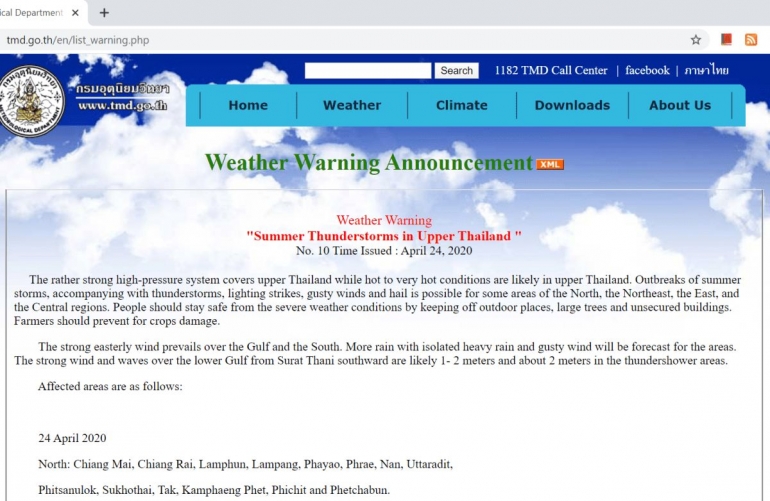 Pengumuman akan ada badai musim panas di utara Thailand (Sumber: tmd.go.th) 
